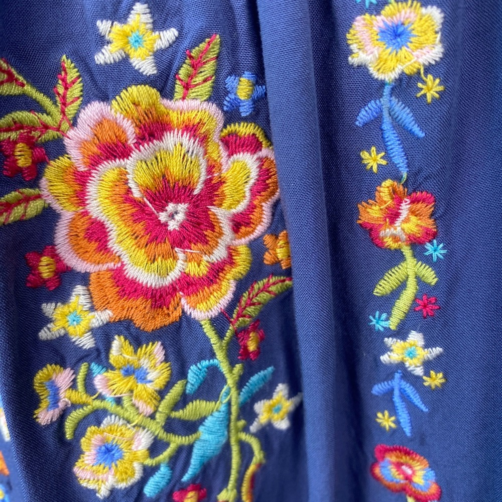 Savanna Jane Blue Floral Embroidered Boho Peasant Blouse Puff Sleeve Medium - Picture 5 of 12